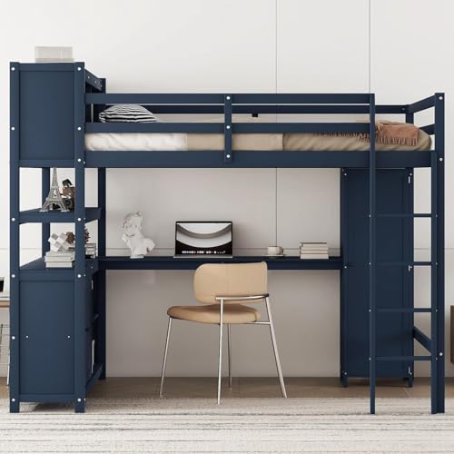 Full Loft Bed with Desk, Wardrobe, Bookshelf & Storage, Dark Blue, Wood T553