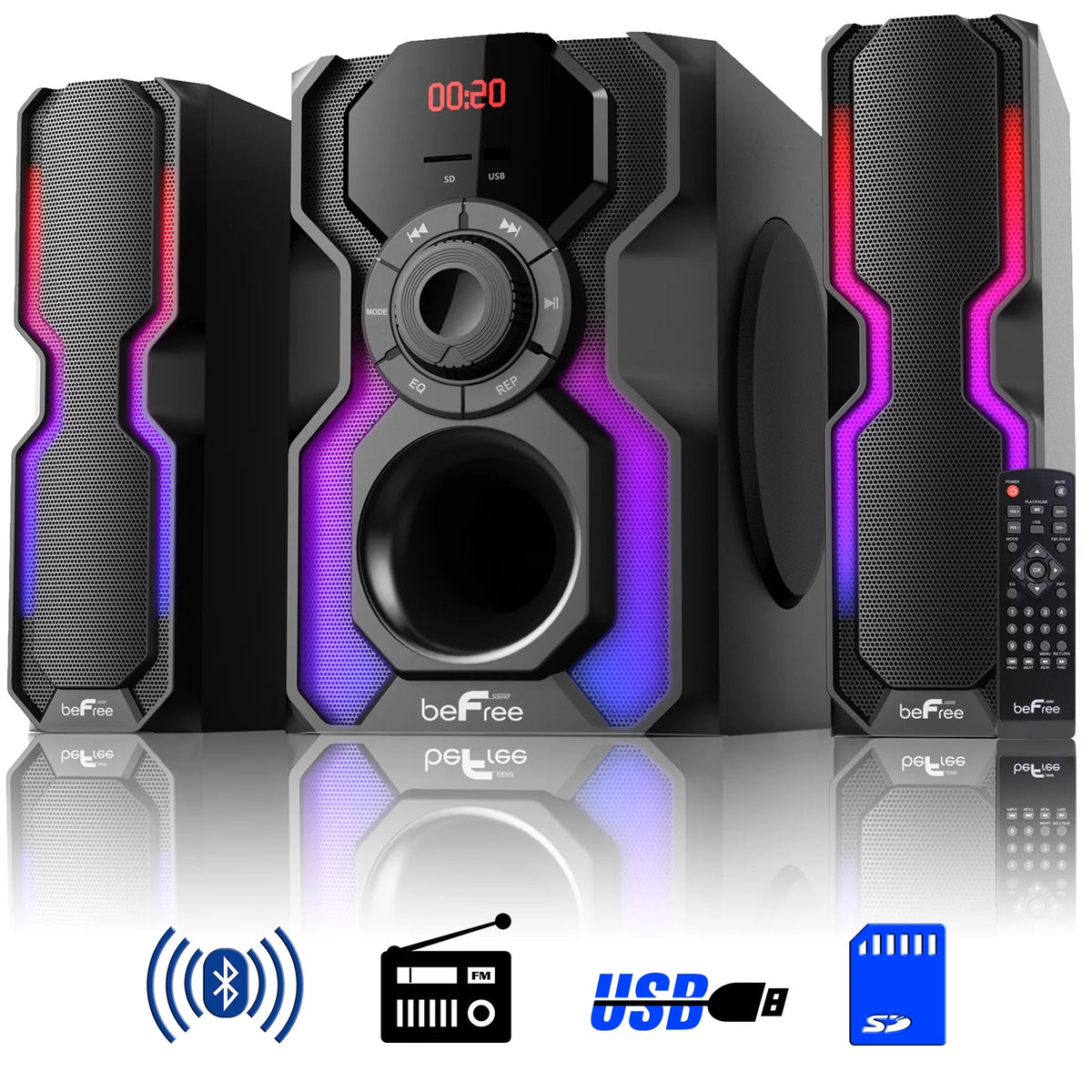 2.1 Channel Bluetooth Wired Speaker Stereo System with LED Lights, FM Radio, USB & SD Inputs - Black & Silver D345