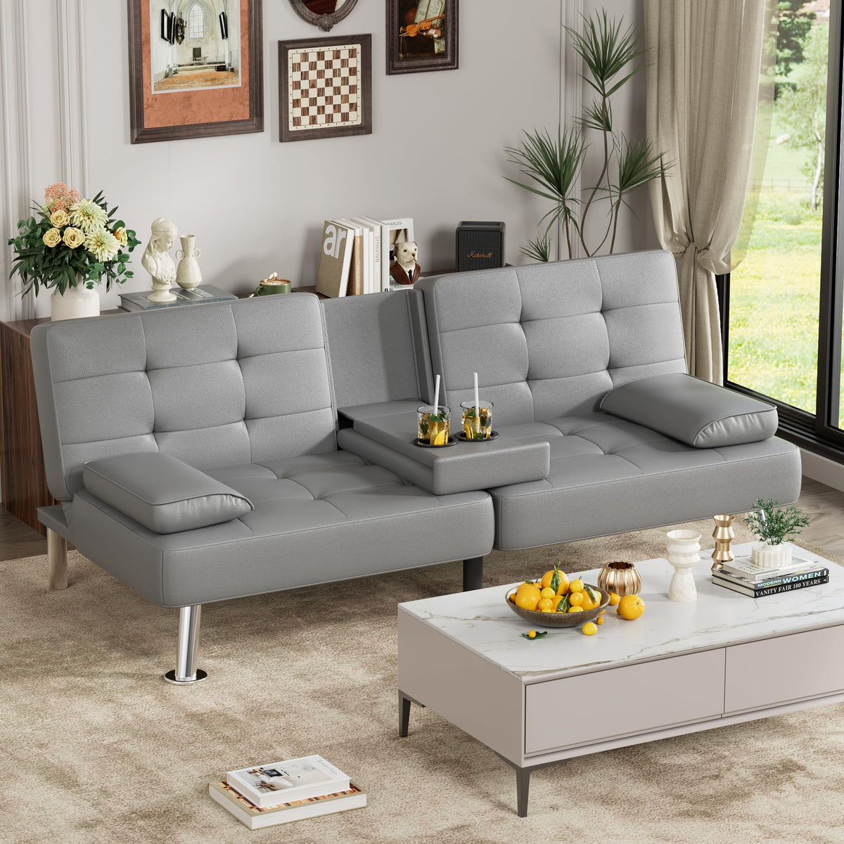 Grey Faux Leather Foldable Futon Sofa Bed with Removable Armrests I6308