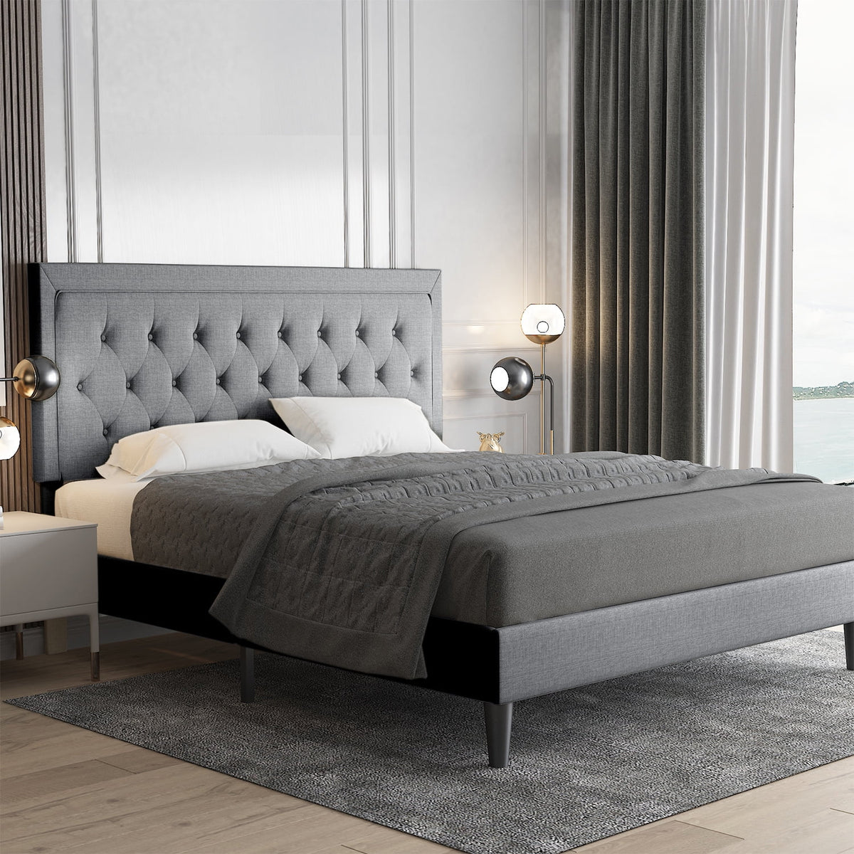 Queen Size Upholstered Platform Bed with Adjustable Headboard D391090