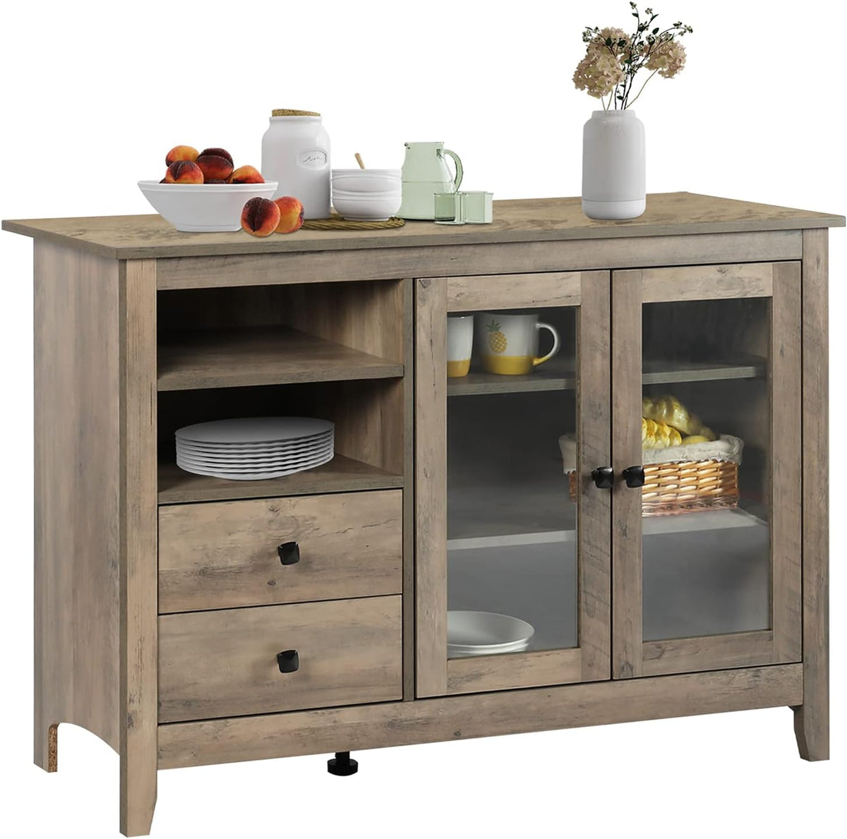 Rustic Farmhouse Kitchen Buffet Sideboard with Glass Doors, 2 Drawers, Open Compartments, Wood Console Table, Walnut A97513