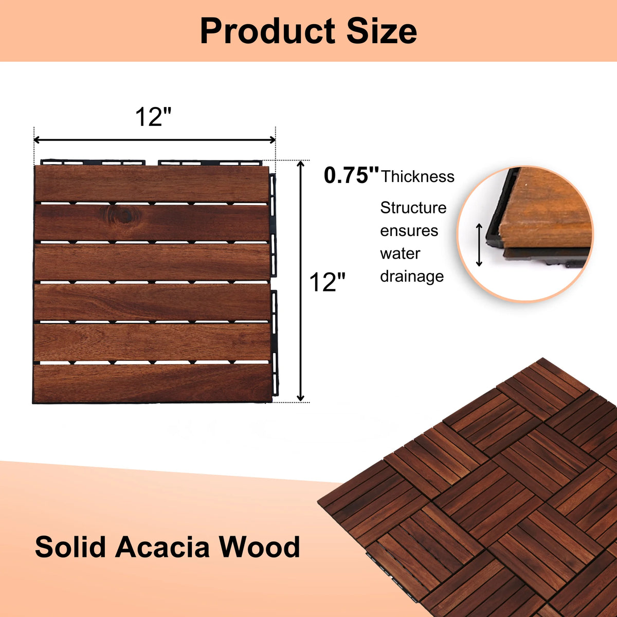 Pack of 20 12"x12" Interlocking Acacia Wood Deck Tiles N3732