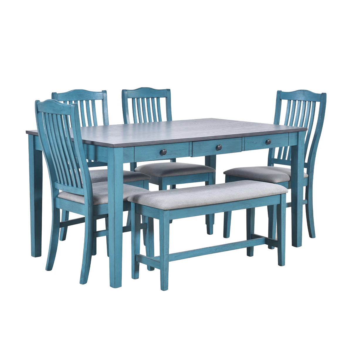 6 Pieces Wood Dining Table Set with Drawer and Bench Q18848