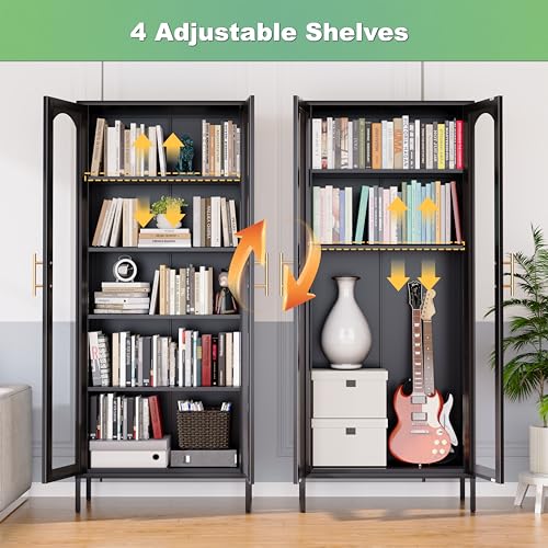 71" Tall Black Glass Display Cabinet with 4 Shelves X934523