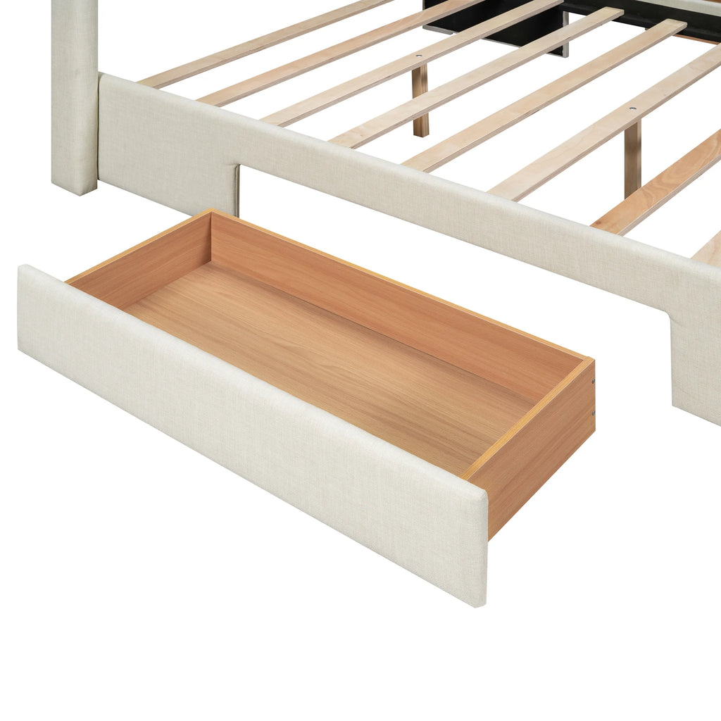 Beige Queen Size Upholstered Platform Bed with 3 Storage Drawers P915