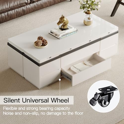 White Lifting Top Coffee Table with Four Stools T189770