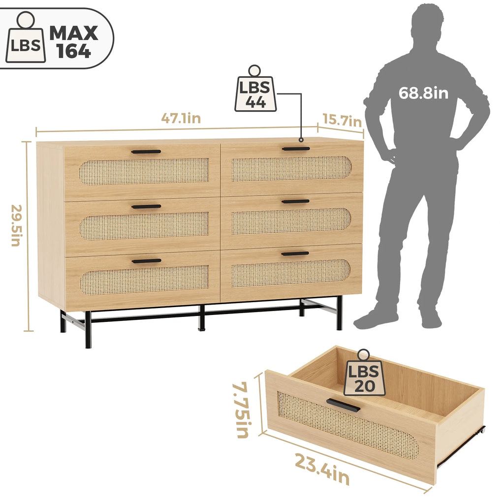 6 Drawer Natural Rattan Wood Dresser G9281