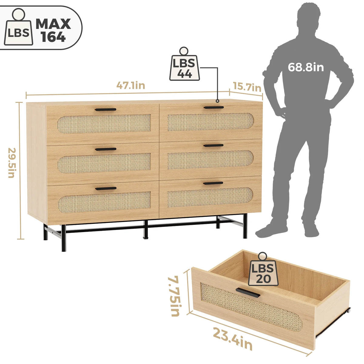 6 Drawer Natural Rattan Wood Dresser G9281