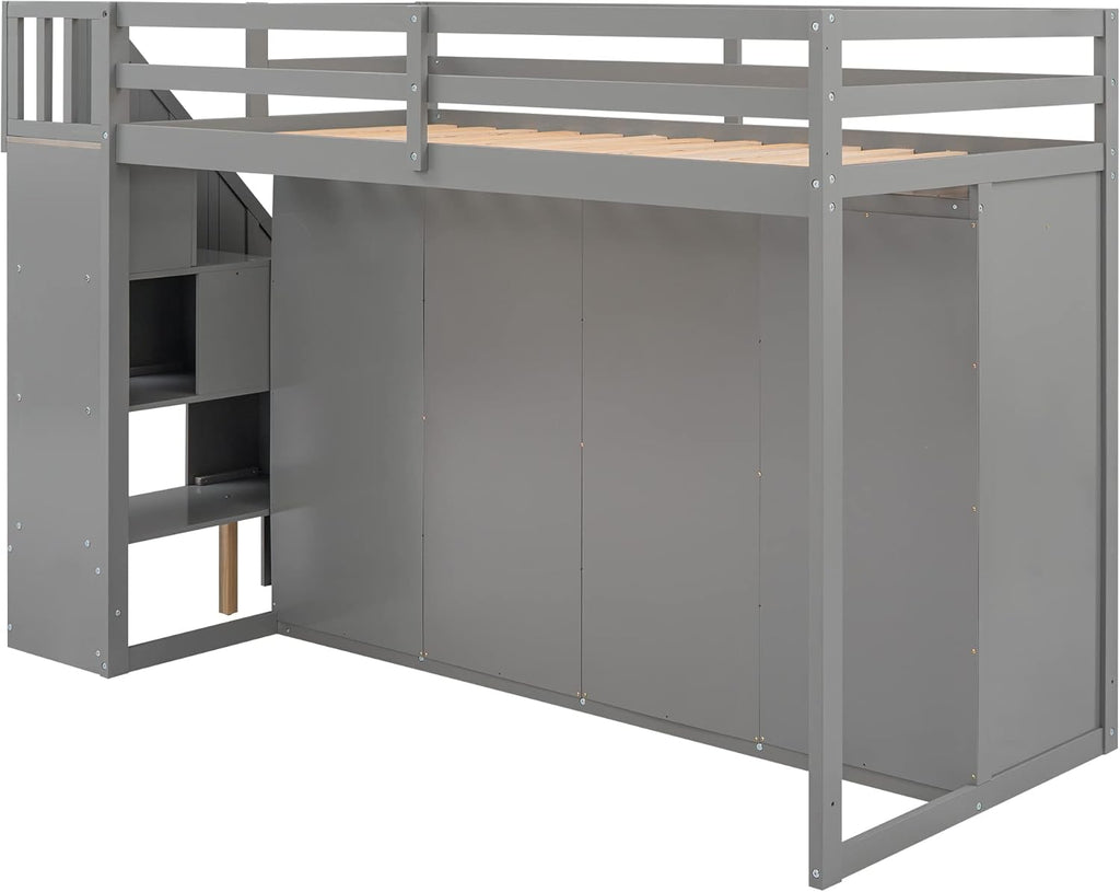 Twin Size Wooden Loft Bed with 3 Shelves, 2 Wardrobes, 2 Drawers, Ladder E814716