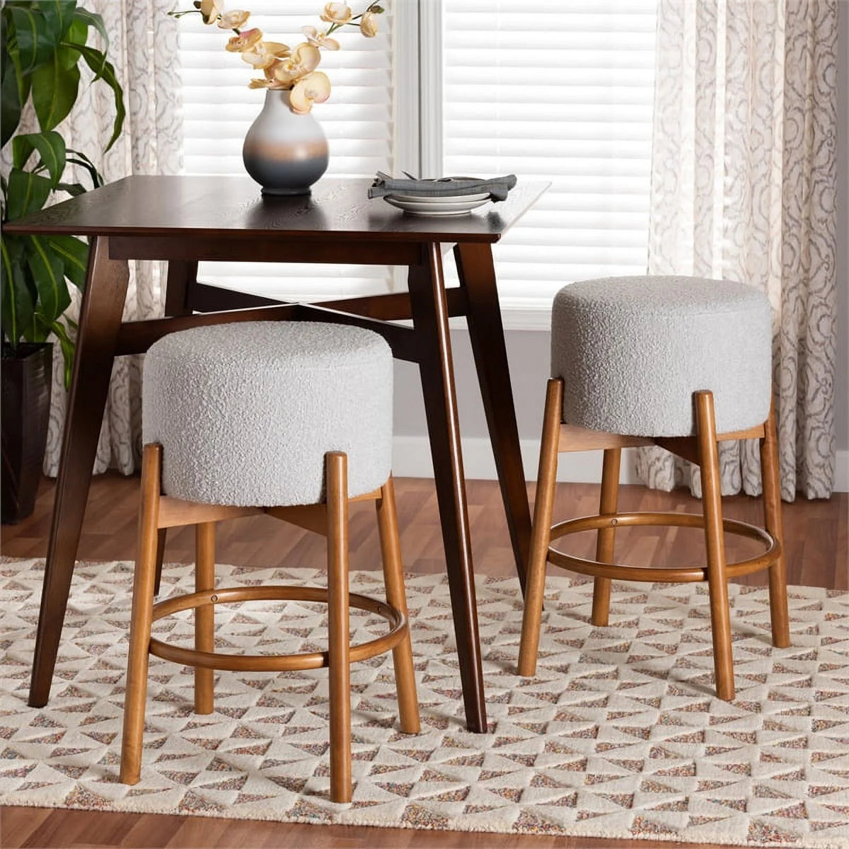 Light Gray Fabric and Brown Wood 2-Piece Bar Stool Set M90703