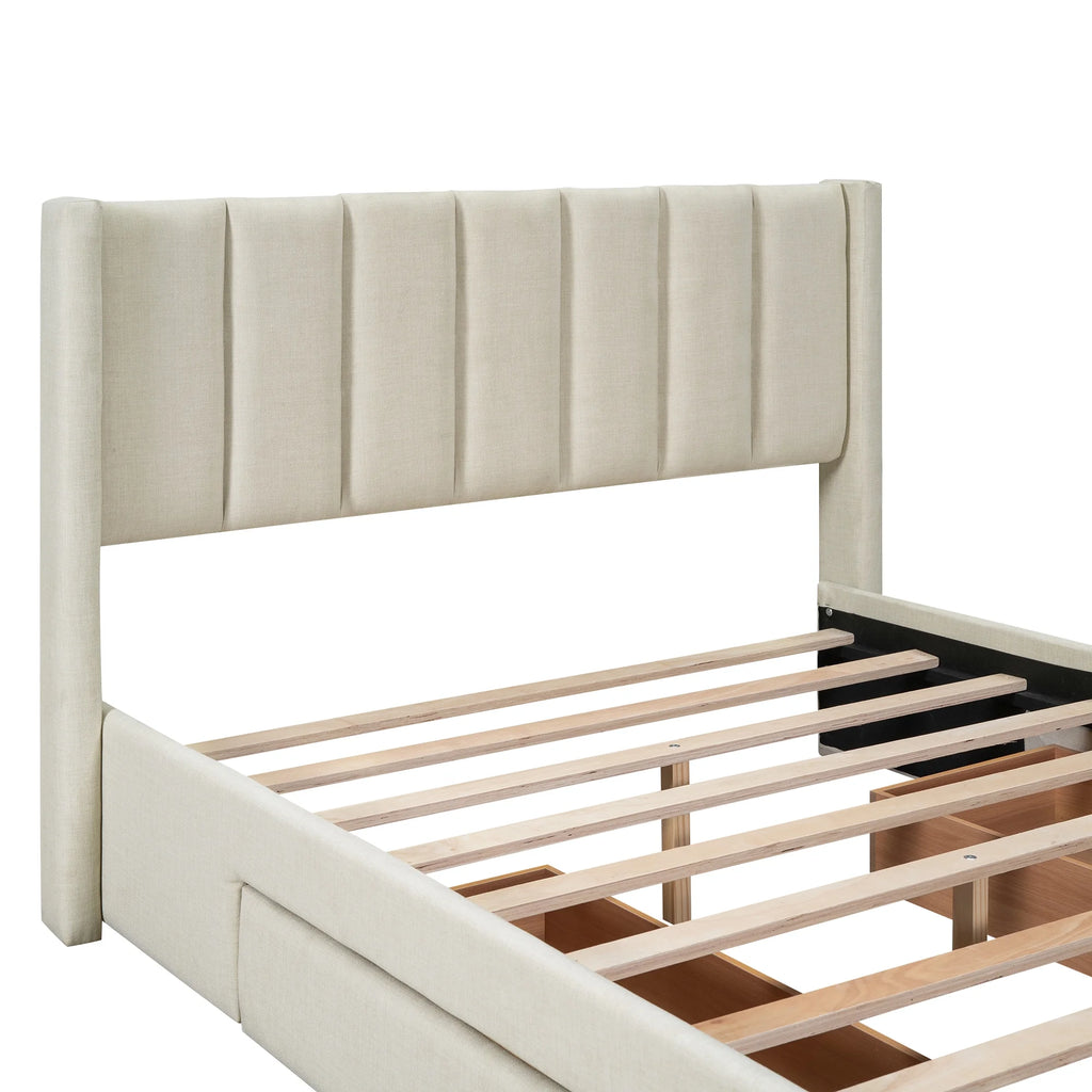 Beige Queen Size Upholstered Platform Bed with 3 Storage Drawers P915