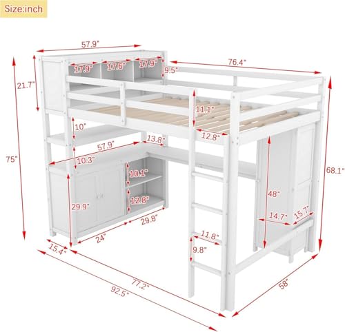 Full Loft Bed with Desk, Wardrobe, Bookshelf & Storage, Dark Blue, Wood T553