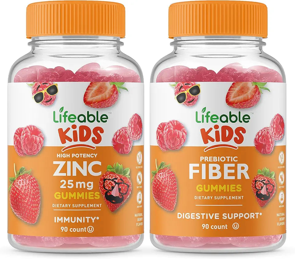 Zinc 25mg Kids Prebiotic Fiber Gummies Bundle Chewable Gluten Free GMO Free Vitamin Supplement A354