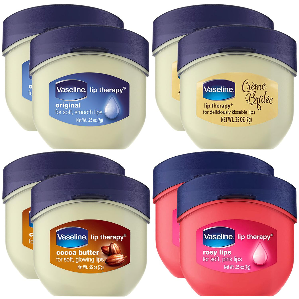 Vaseline Lip Therapy Rosy Lips, Cocoa Butter, Creme Brulee, Original Lip Balm, Tinted and Clear Lip Gloss Set, 2 of Each, 0.25 Oz Ea (8 Piece Set) R489