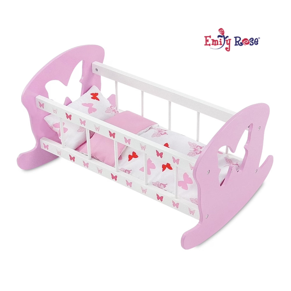 Doll Rocking Cradle with 3 Piece Reversible Doll Bedding I743