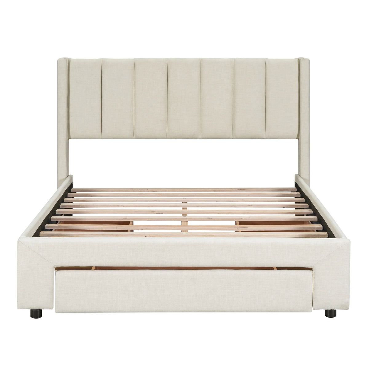 Beige Queen Size Upholstered Platform Bed with 3 Storage Drawers P915