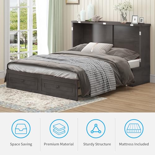 Queen Size Murphy Bed with Tri-Folding Mattress and Storage Drawers B9845