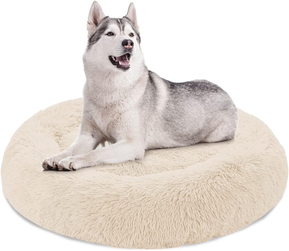 Medium Fuzzy Round Pet Bed with Non-Slip Bottom, 30 Beige, Pack of 2 Q7153