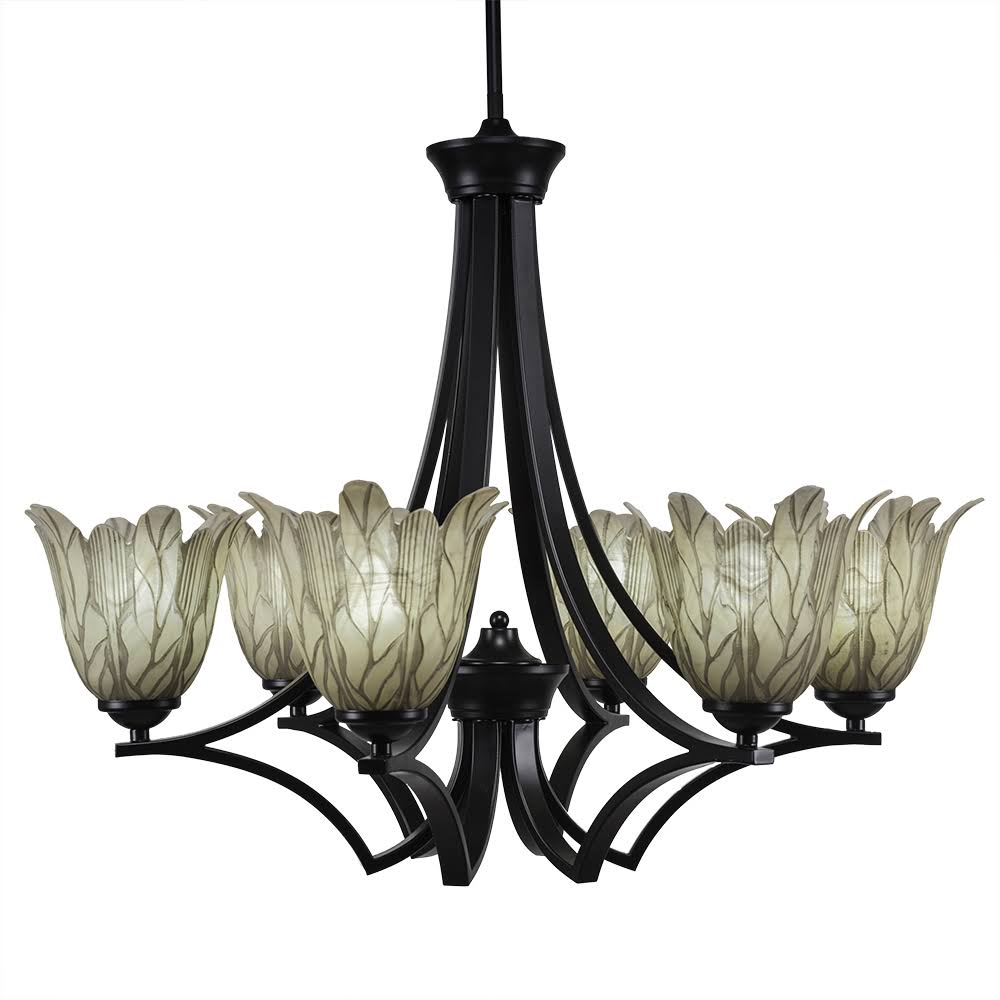 Six Light Chandelier Matte Black Finish with Vanilla Leaf Glass X7527