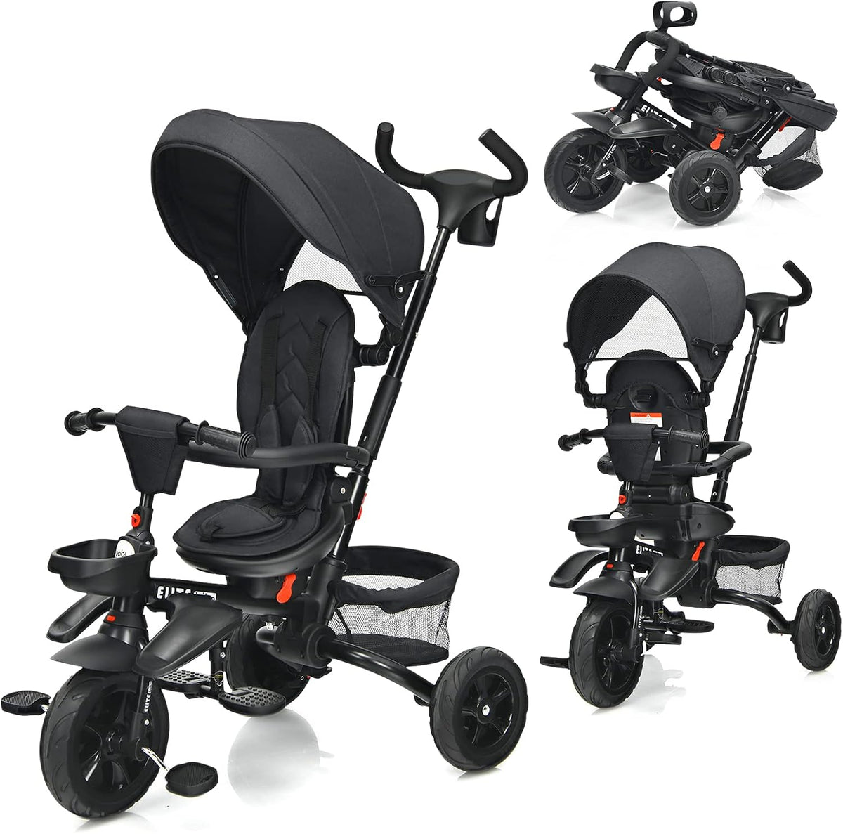 7-in-1 Kids Folding Tricycle with Canopy, Black+Blue O969208