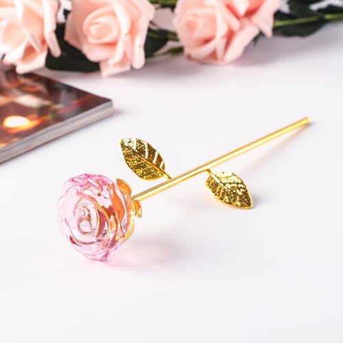 Crystal Pink Rose Flowers Glass Rose Golden Stem with Crystal Vase Figurine Collectible Decor H3286
