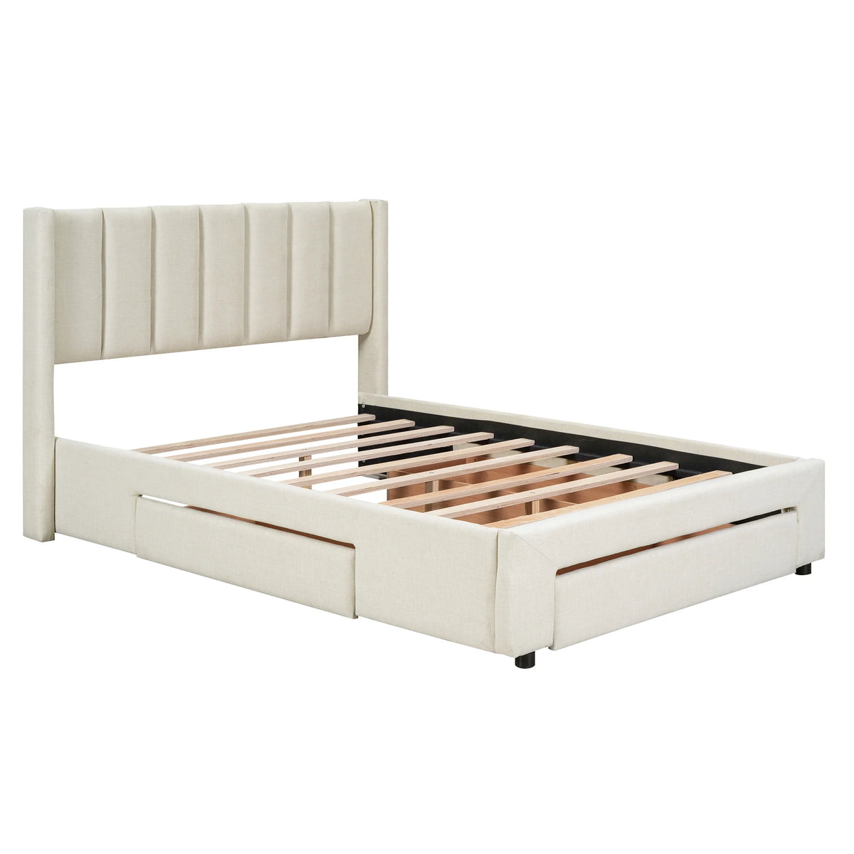 Beige Queen Size Upholstered Platform Bed with 3 Storage Drawers P915