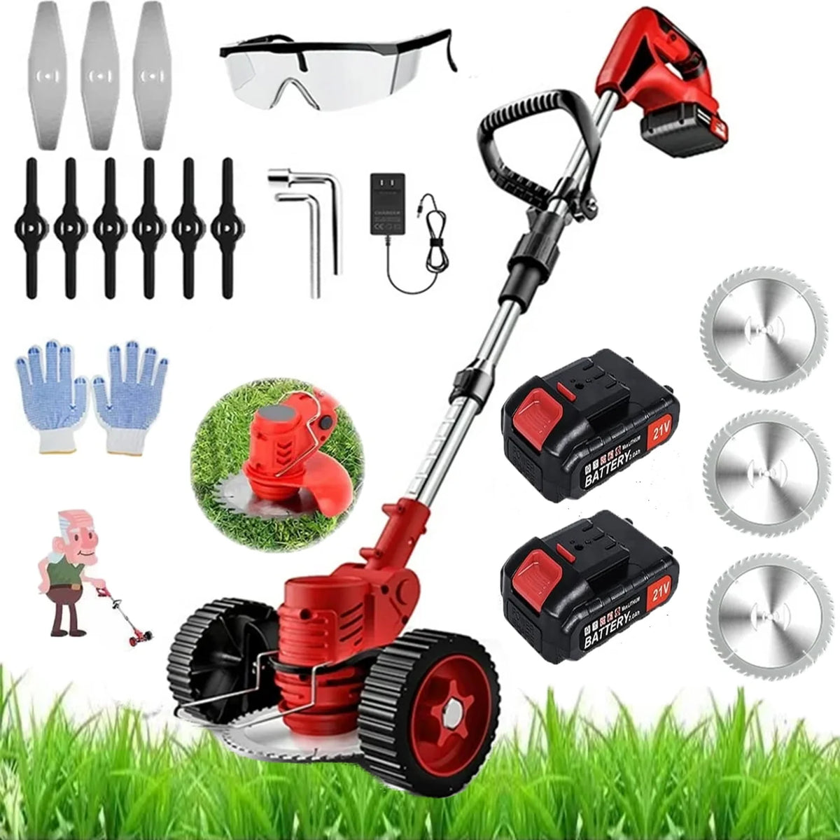 Cordless Electric Grass Trimmer with 3 Types Blades 2 Batteries W35475