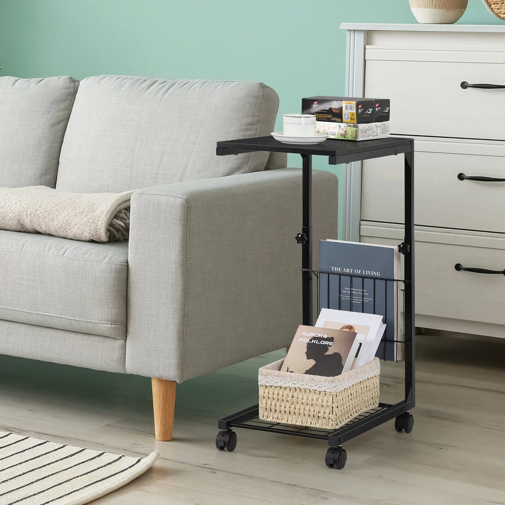 C Shaped Side Table with Wheels & Storage Shelves H28882