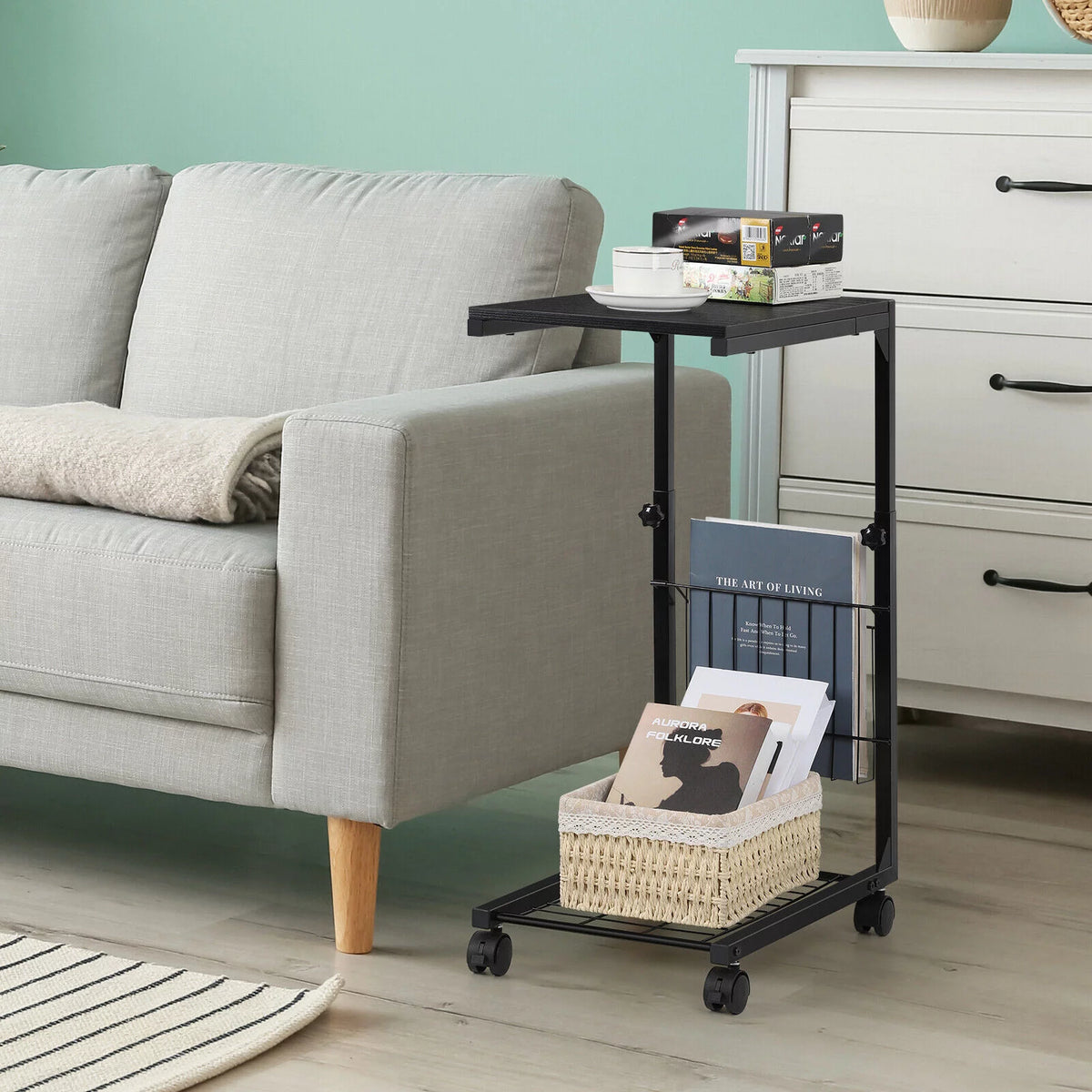 C Shaped Side Table with Wheels & Storage Shelves H28882