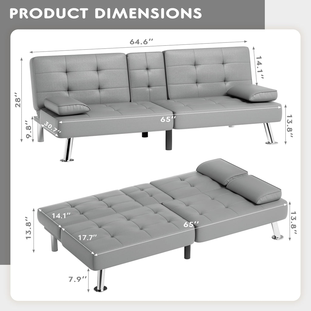 Grey Faux Leather Foldable Futon Sofa Bed with Removable Armrests I6308