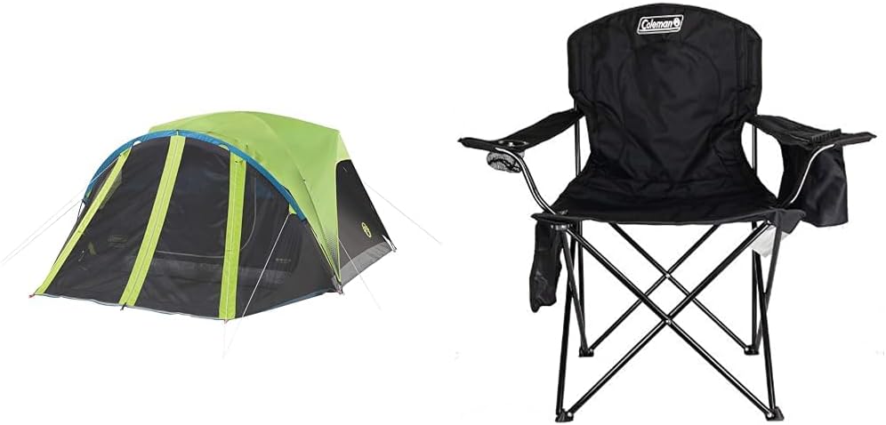 4/6 Person Dark Room Camping Tent with Screened Porch, Folding Beach Chair with Built in Drinks Cooler X332