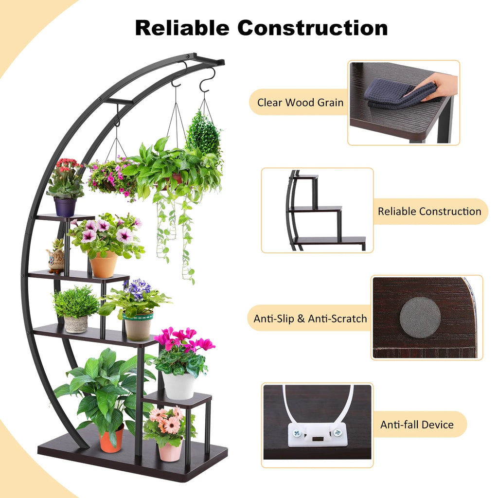 5 Tier Half Moon Shape Plant Stand with Hanging Hook V944822