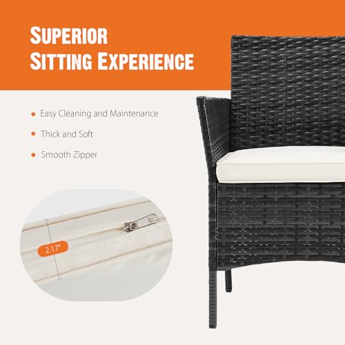 3 Pieces Wicker Rattan Patio Furniture Set with Cushion and Glass Table K128043