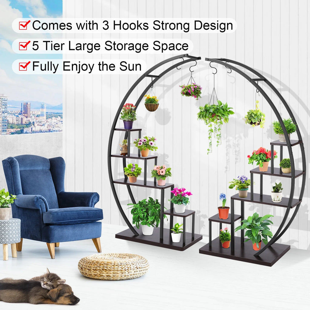 5 Tier Half Moon Shape Plant Stand with Hanging Hook V944822