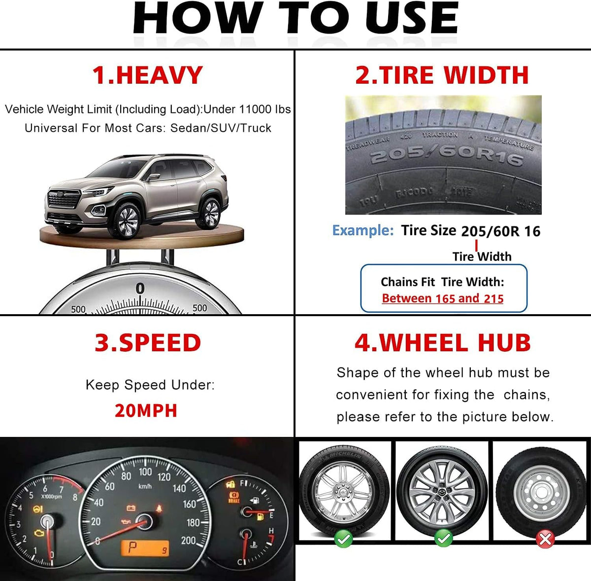 Snow Chains 6PCS Adjustable Tire Width 6.5-8.8in I278