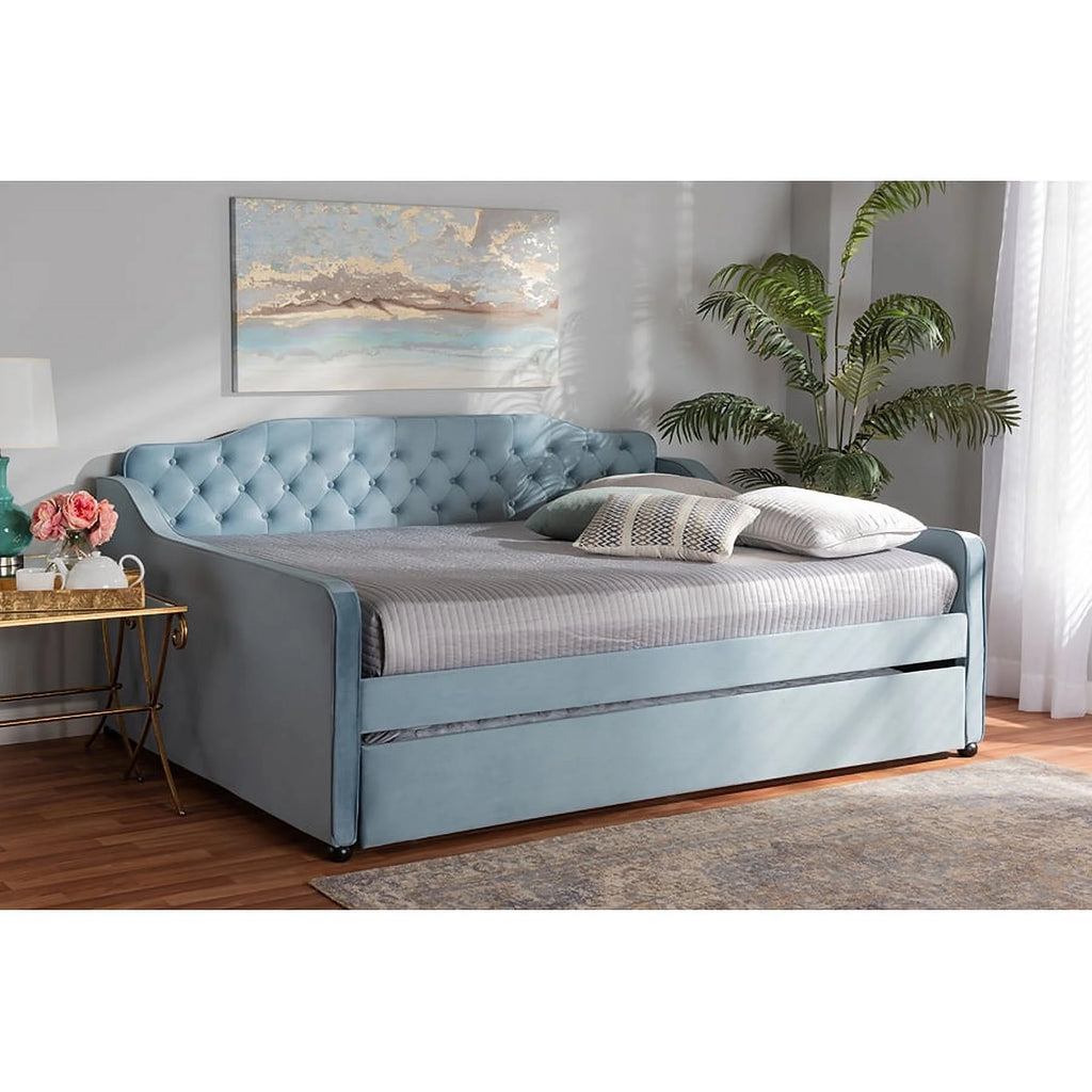 Light Blue Velvet Button Tufted Daybed with Trundle E2861