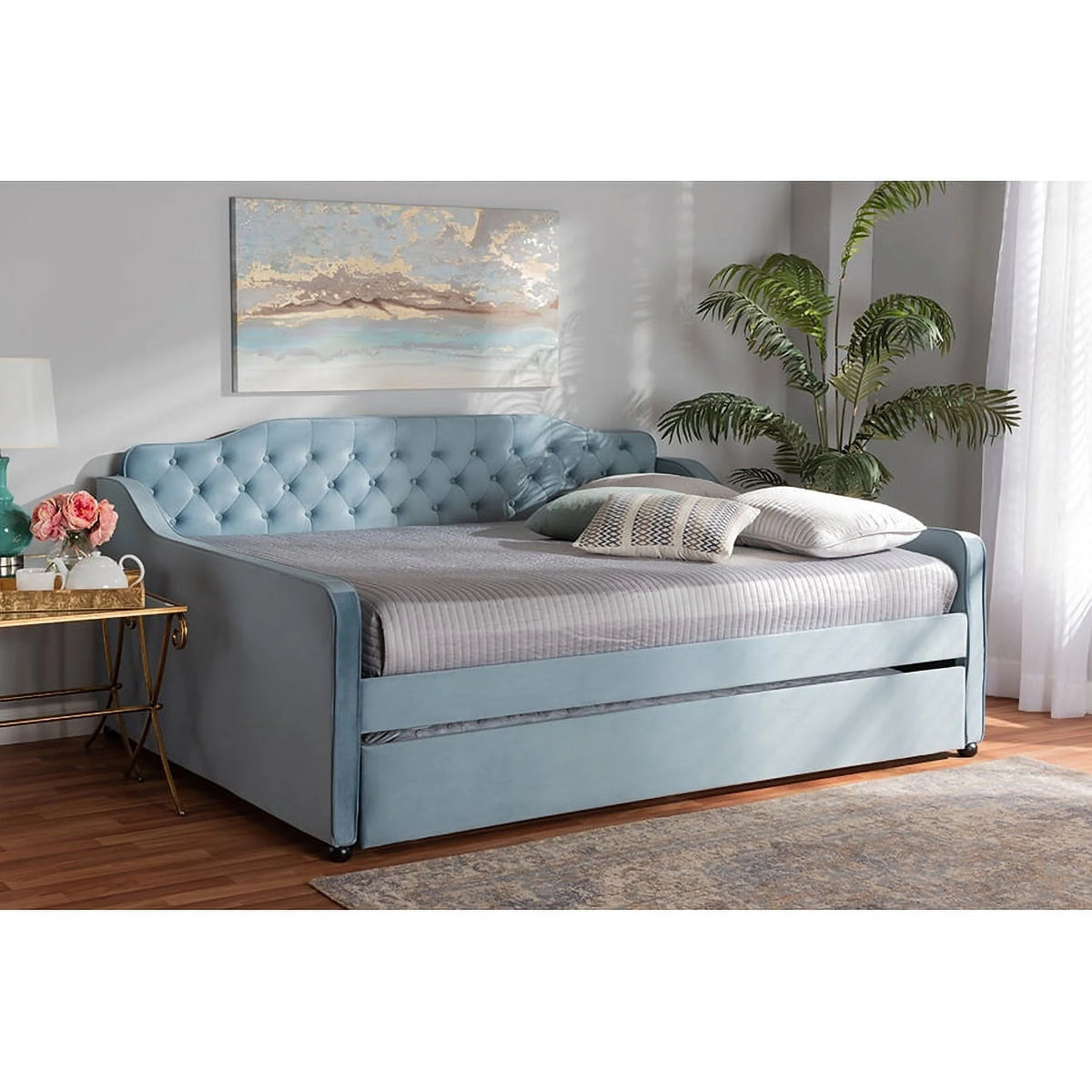 Light Blue Velvet Button Tufted Daybed with Trundle E2861