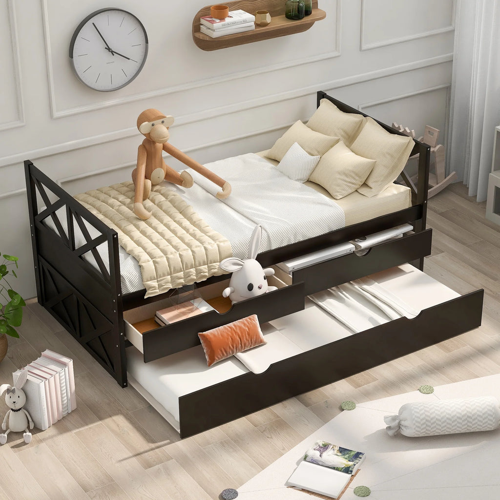 Solid Pine Wood Daybed with Two Drawers and Trundle D342