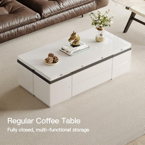 White Lifting Top Coffee Table with Four Stools T189770