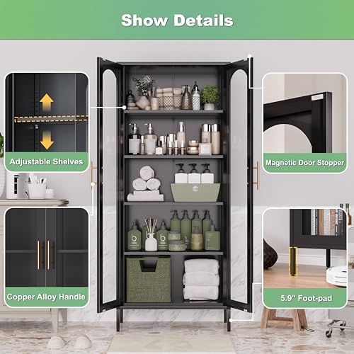 71" Tall Black Glass Display Cabinet with 4 Shelves X934523