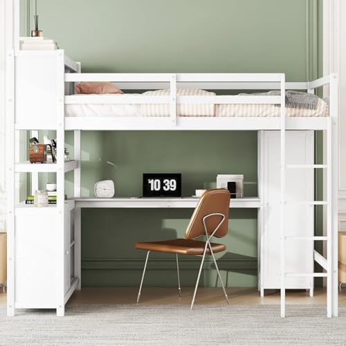 Full Loft Bed with Desk, Wardrobe, Bookshelf & Storage, Dark Blue, Wood T553