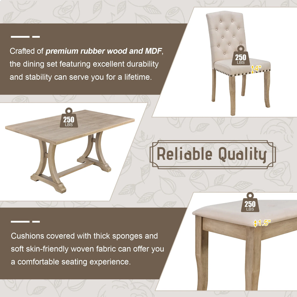 Natural 6 Piece Wood Dining Table Set with Bench and 4 Upholstered Chairs R653