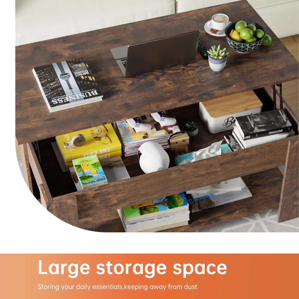 Brown Lift Top Coffee Table with Hidden Compartment and Storage Shelf L183008