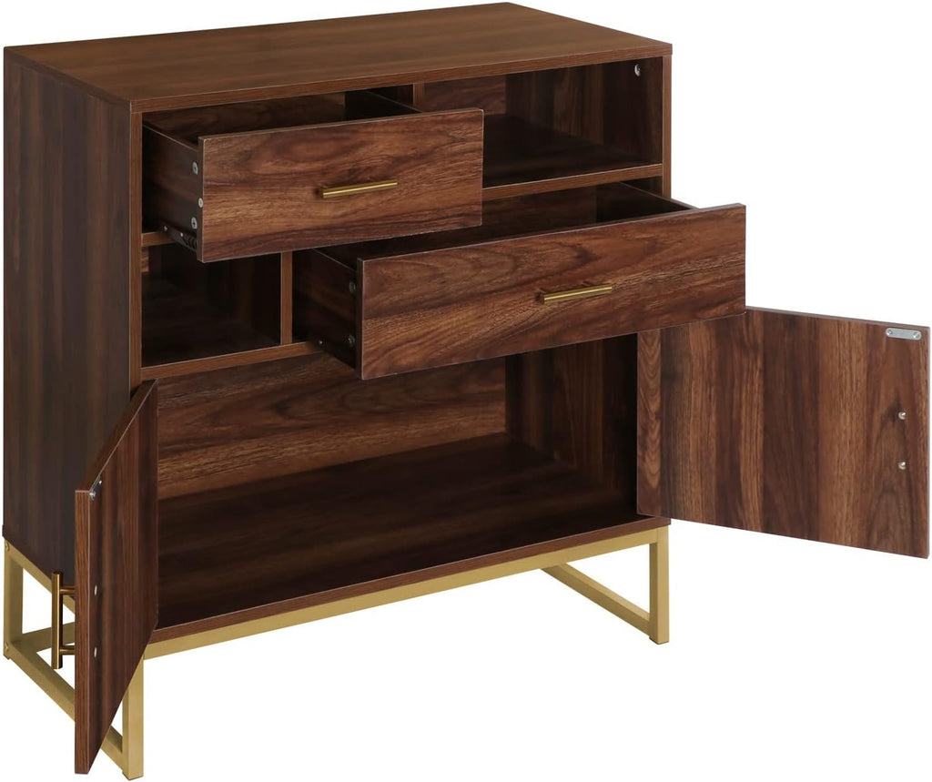 Walnut Wood 2 Doors Accent Storage Cabinet with Drawers and Shelves R494