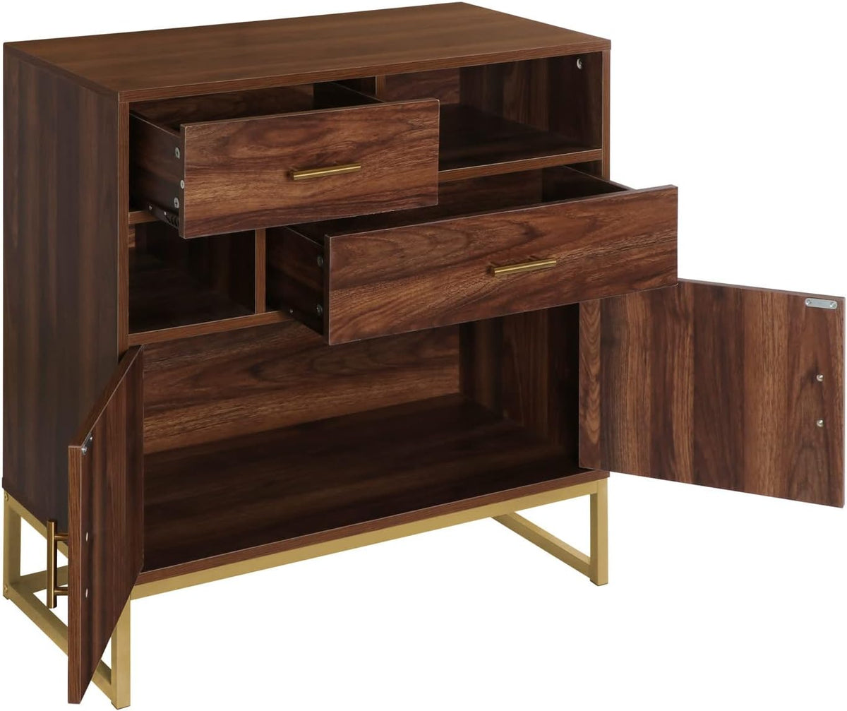 Walnut Wood 2 Doors Accent Storage Cabinet with Drawers and Shelves R494