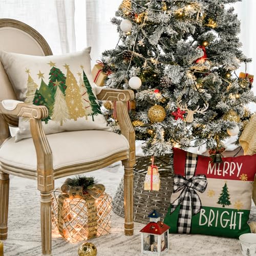 Merry Bright Christmas Trees Throw Pillow Covers, 18 x 18 Inch Set of 4 W403