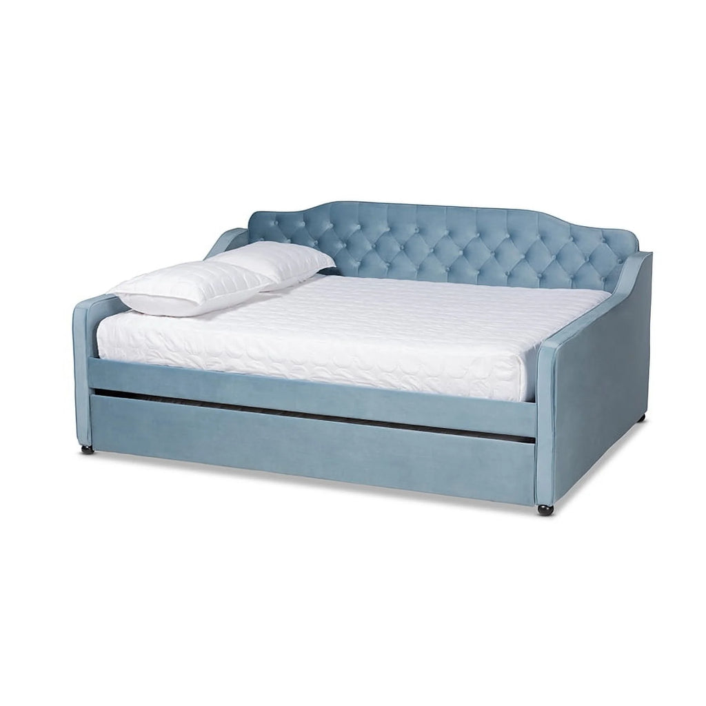 Light Blue Velvet Button Tufted Daybed with Trundle E2861