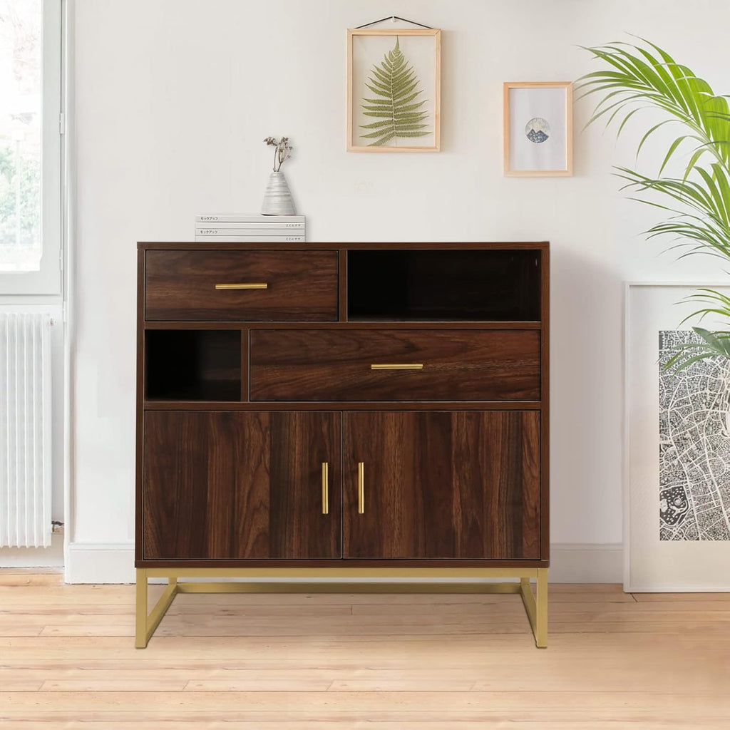 Walnut Wood 2 Doors Accent Storage Cabinet with Drawers and Shelves R494