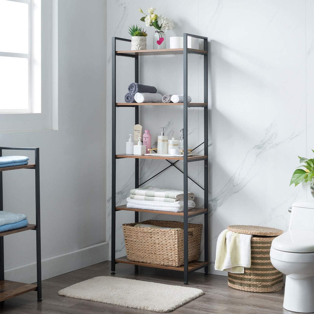 5-Tier Industrial Retro Brown Wood and Metal Bookcase E704