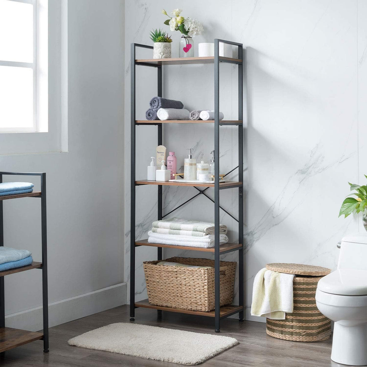 5-Tier Industrial Retro Brown Wood and Metal Bookcase E704